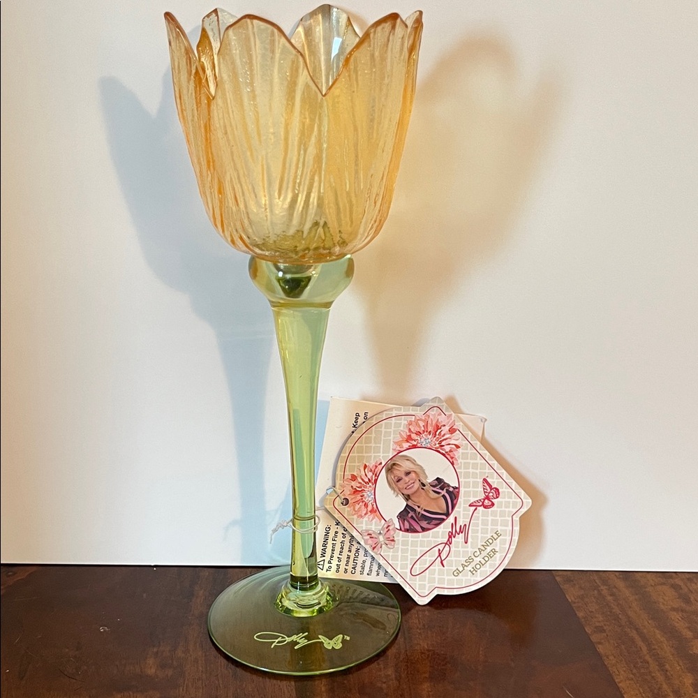 Dolly Parton Yellow Green Tulip Glass Candle Holder